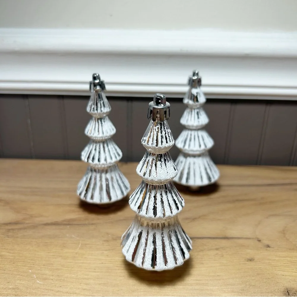 VTG Silver Christmas Tree Ornaments with White Accents Set of Three Decorations